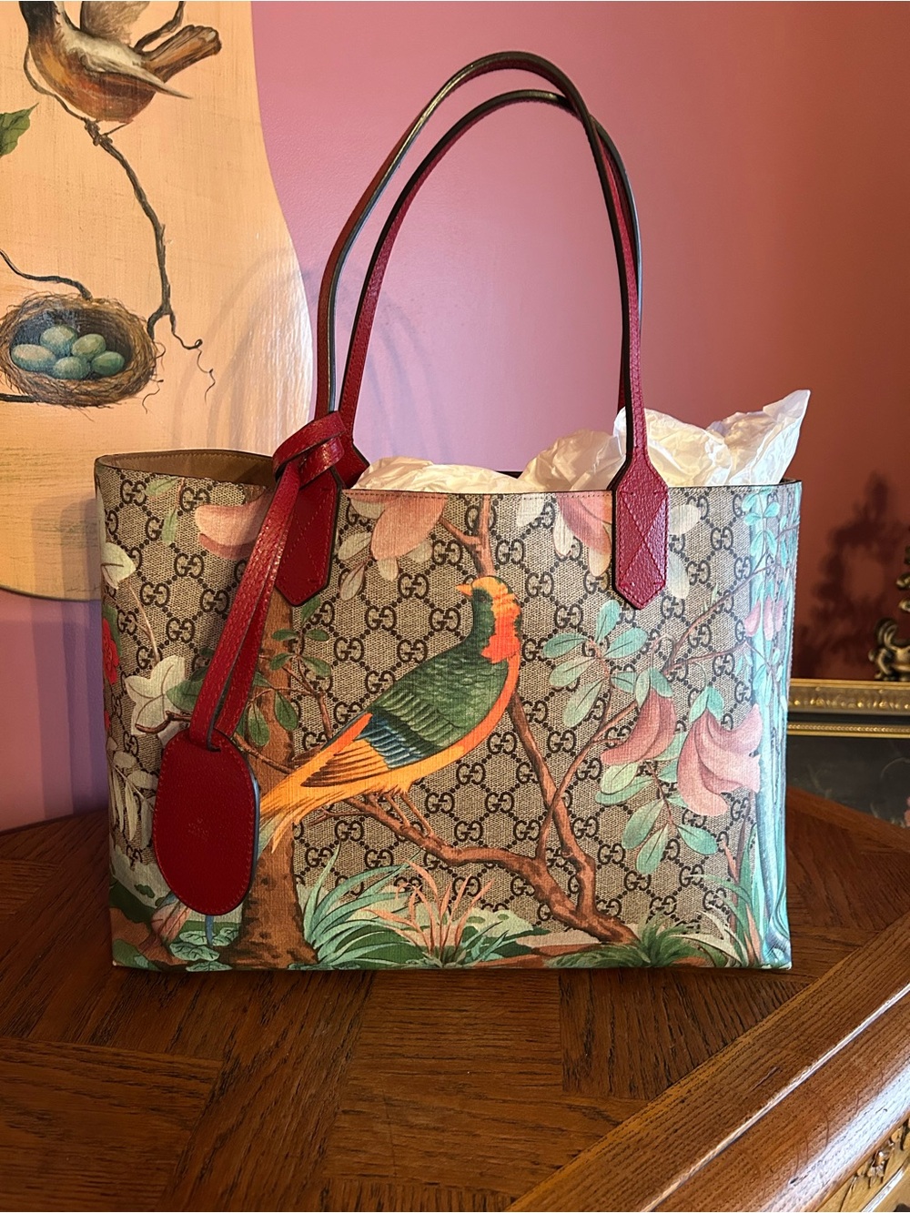 Gucci TianGG Supreme Tote with Red Leather Handles